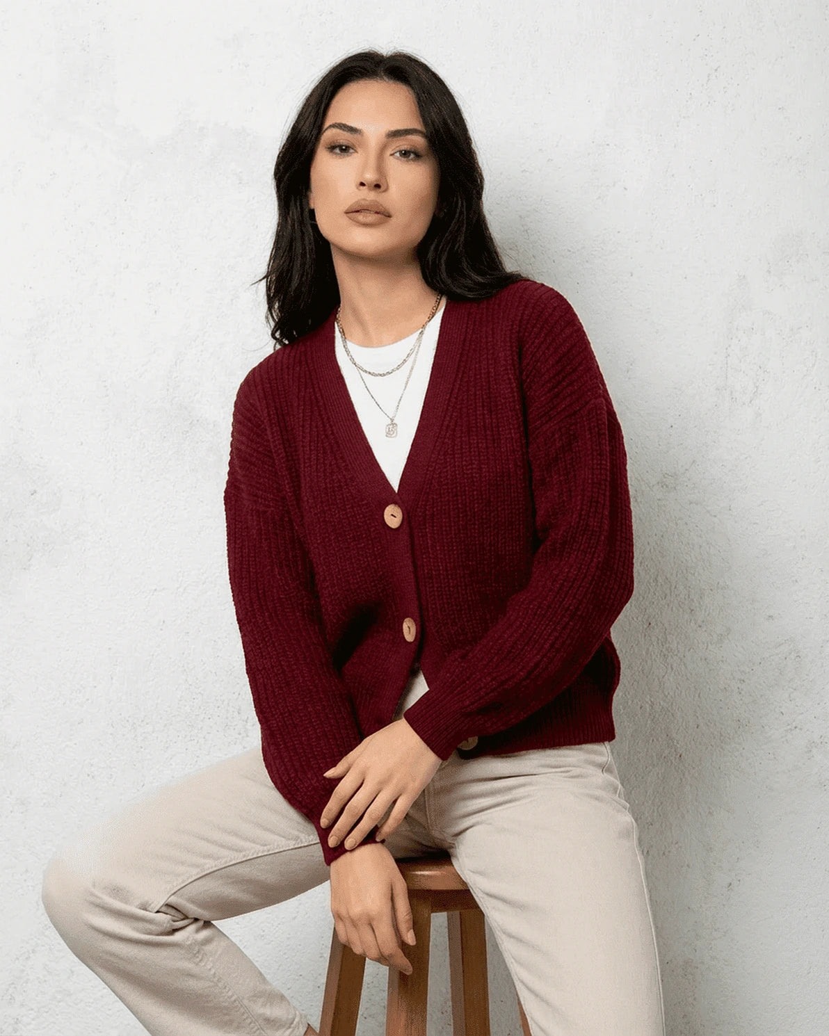 Vesper Cardigan – Burgundy Knit cardigan, alternate angle by Slimona