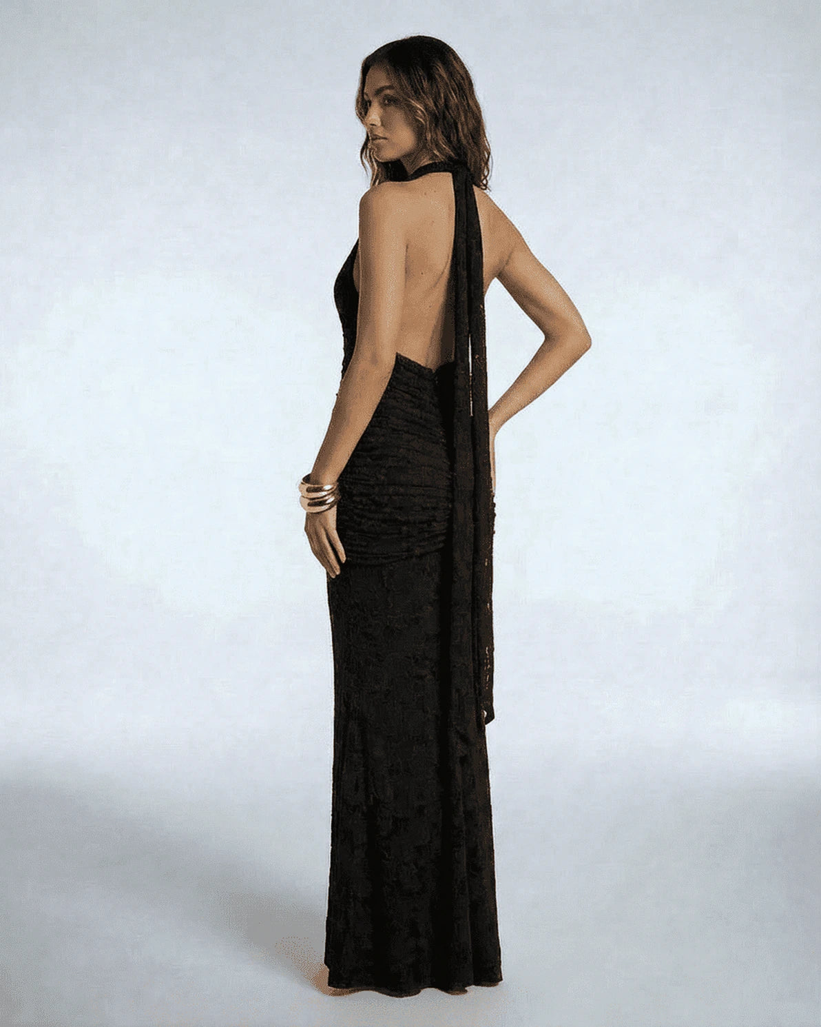 Tamsin Maxi Dress – Black Jacquard V Neck maxi dress, alternate angle by Slimona