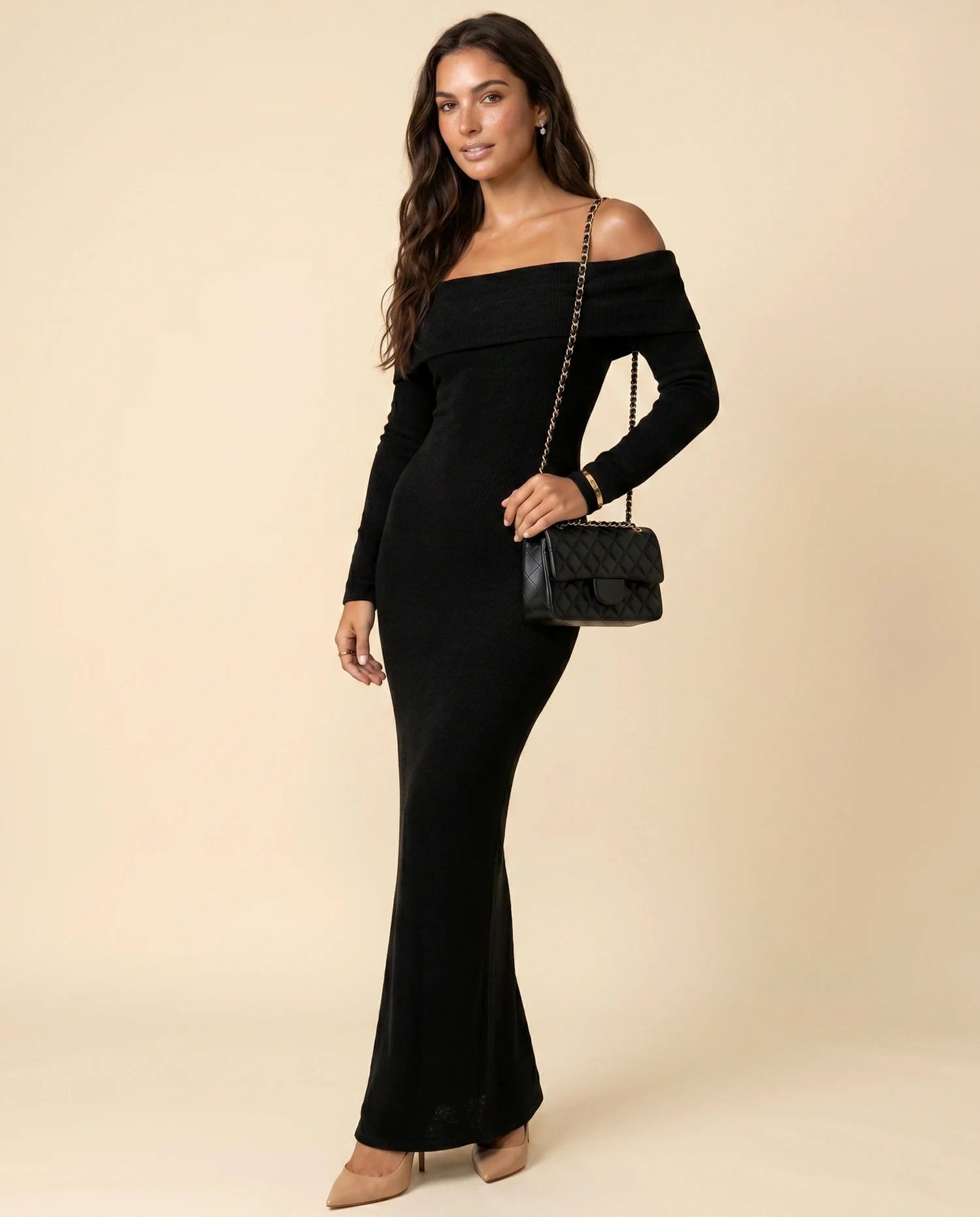Noctura Maxi Dress – Black Off Shoulder maxi dress, complete styled outfit with accessories by Slimona