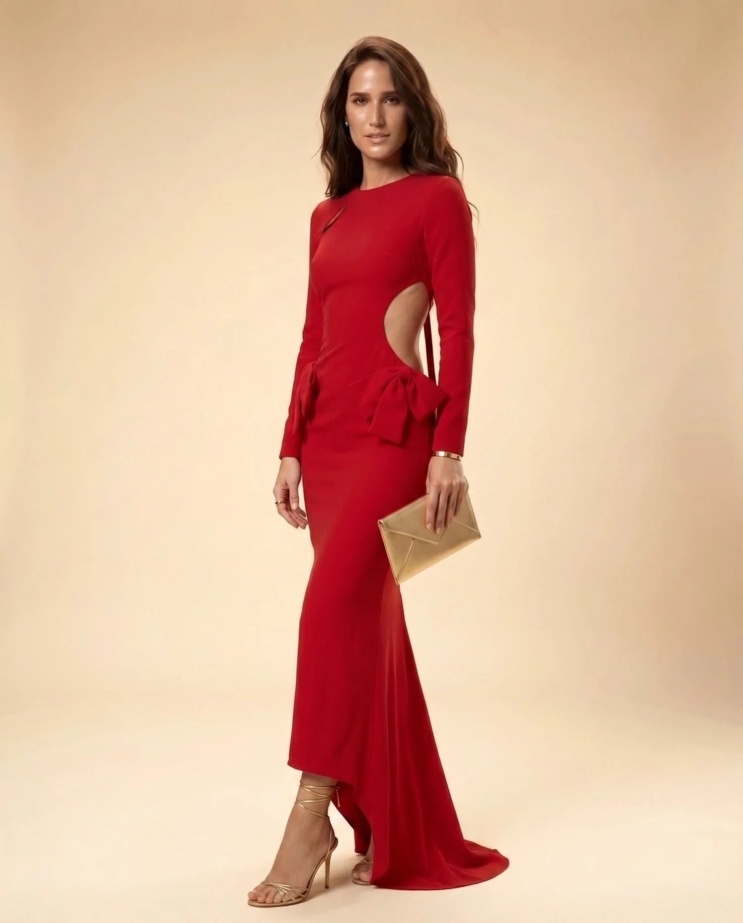 Valencia Maxi Dress – Red Round Neck maxi dress, complete styled outfit with accessories by Slimona