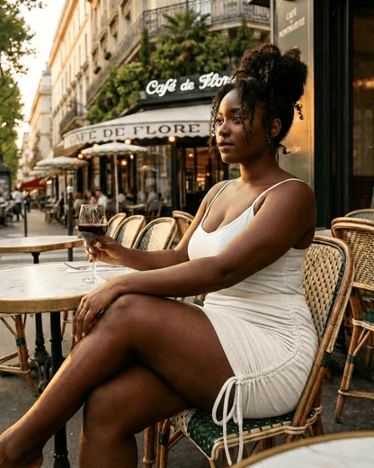 Ivory Mini Skirt by Slimona, a woman in a cafe enjoying a drink, showcasing a high-waisted rib-knit bodycon design.