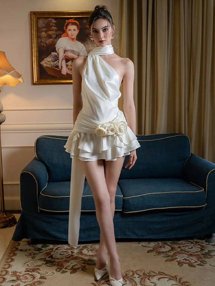 Satin Floral Mini Dress for Women | A-line Halter, Summer Cocktail 0