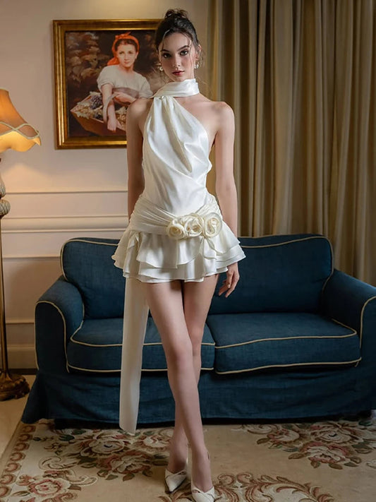 Satin Floral Mini Dress for Women | A-line Halter, Summer Cocktail 0