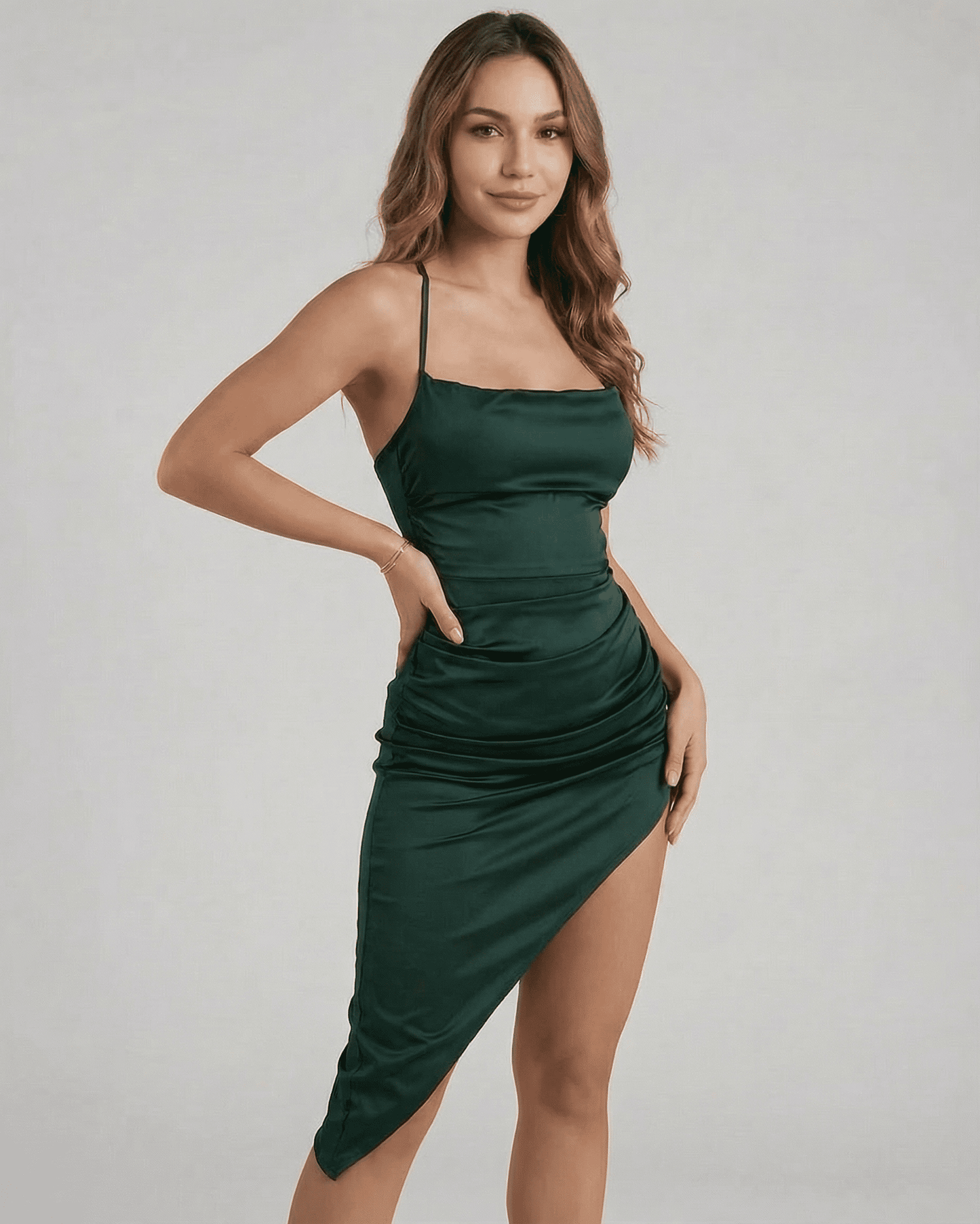 Selene Midi Dress by Slimona, featuring a sleek satin silhouette and elegant pleating in green color.