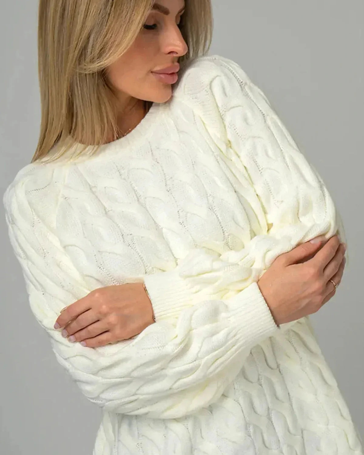 Alabaster Sweater by Slimona - Oversized cream cable knit sweater, perfect for cozy elegance.