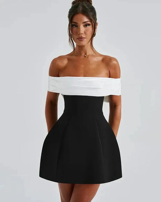 Elegant off-shoulder Alba Mini Dress featuring a structured A-line silhouette and oversized bow, perfect for summer and formal events.