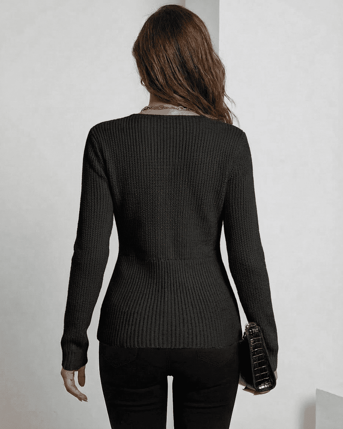 Alina Pullover by Slimona, back view of elegant ribbed slim fit v-neck sweater in black.