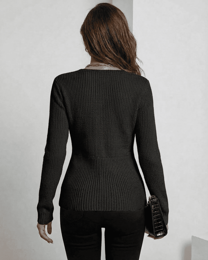 Alina Pullover by Slimona, back view of elegant ribbed slim fit v-neck sweater in black.