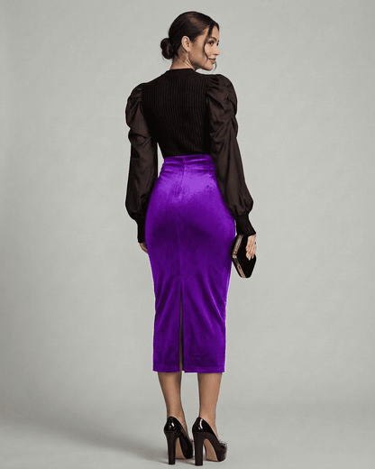 Amethyst Midi Skirt by Slimona, elegant high-waisted velvet pencil skirt with back slit in vibrant purple.