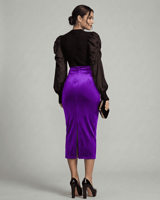 Amethyst Midi Skirt by Slimona, elegant high-waisted velvet pencil skirt with back slit in vibrant purple.