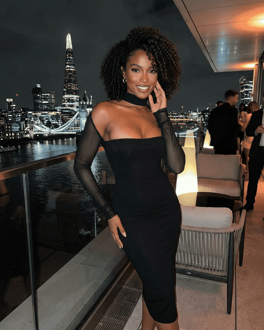 Arden Midi Dress by Slimona - Elegant black bodycon style with cutout design and long sleeves, perfect for evening events.