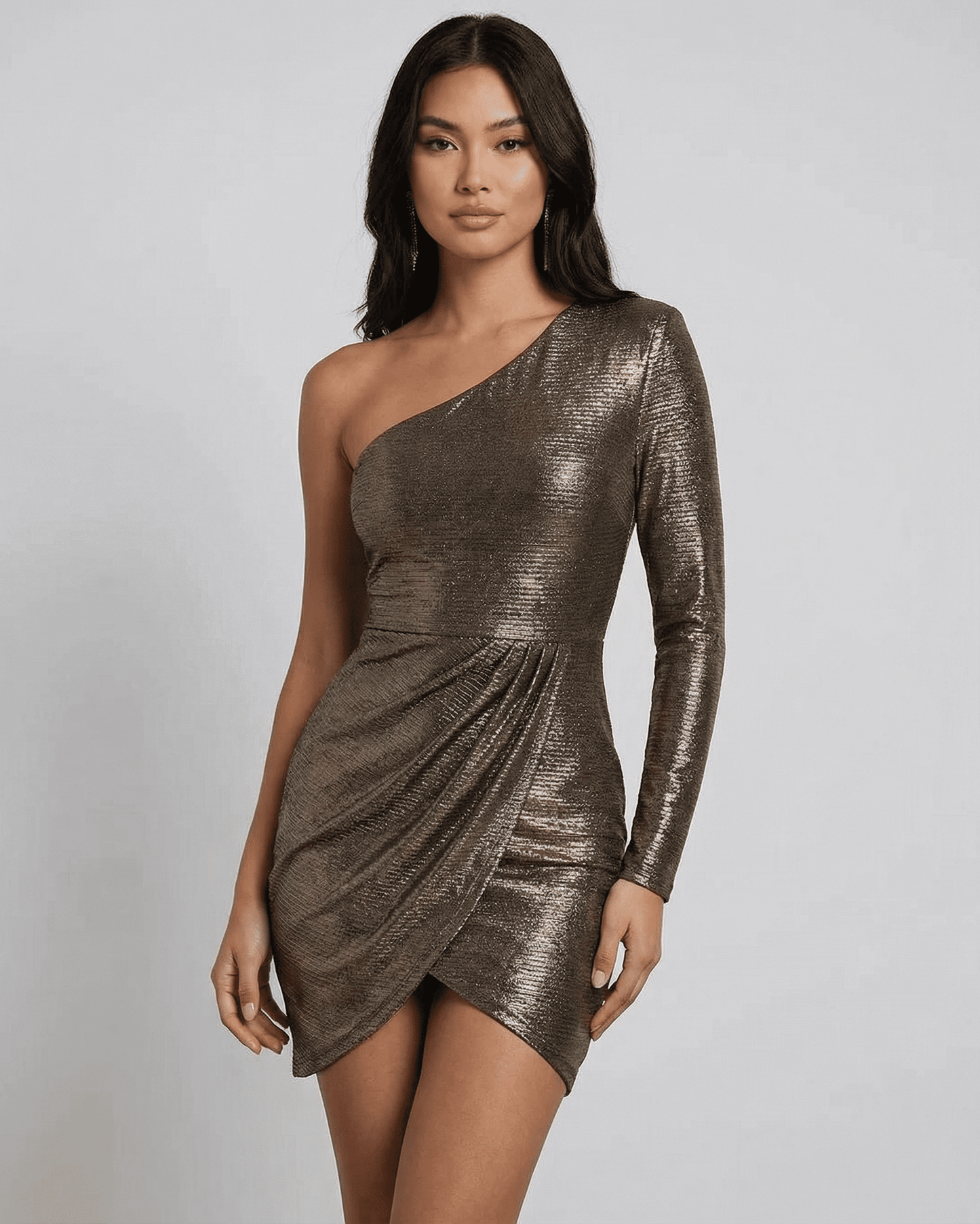 Aurora Mini Dress by Slimona featuring a one-shoulder design with a metallic finish and ruched details.
