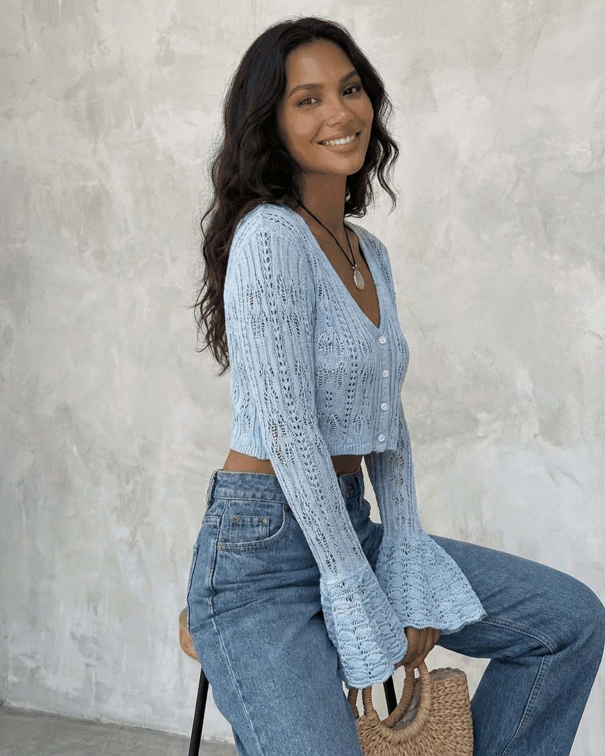 Azure Cardigan by Slimona, cropped cotton knit with flare sleeves in light blue.