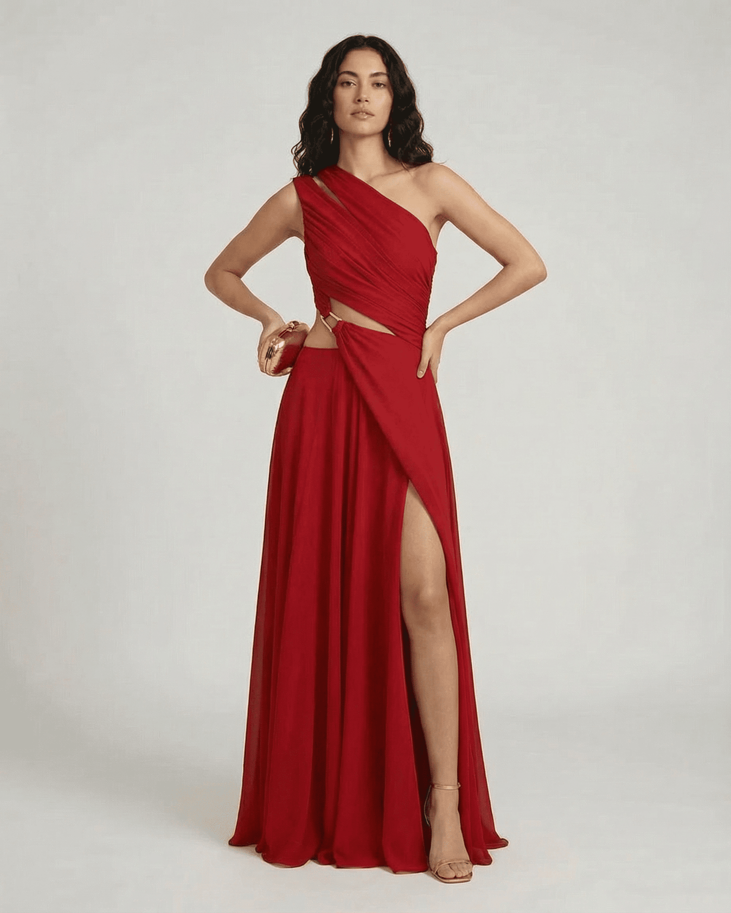 Caldera Maxi Dress by Slimona, elegant red one-shoulder maxi with high waist and side slit for women.