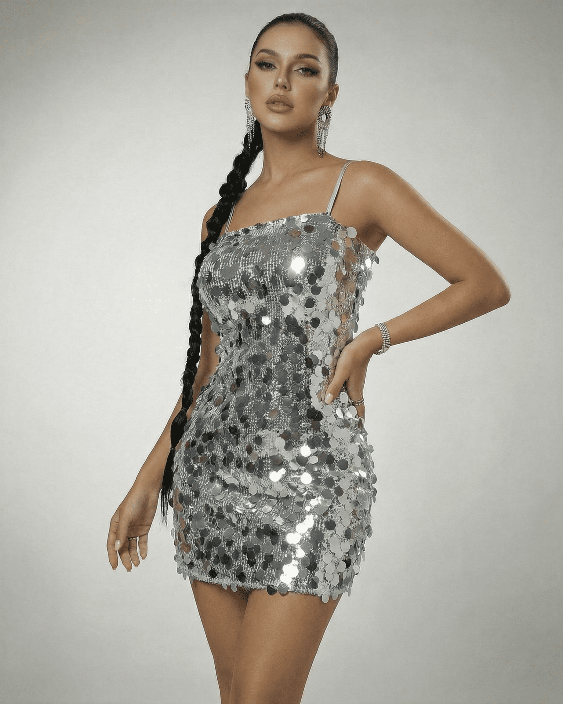 Stella Mini Dress by Slimona - Silver Sequin Off-The-Shoulder Mini Dress with High Waist and Sleek Design.
