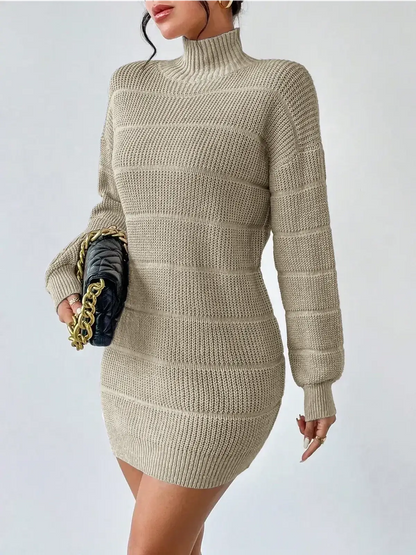 Beige knit mini dress with long sleeves and mock neck, perfect for cool weather fashion.