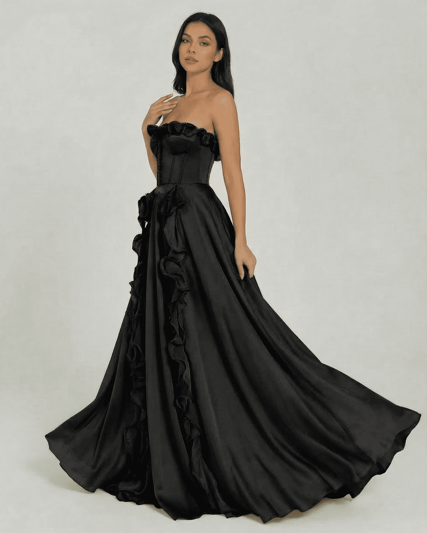Noirelle Maxi Dress by Slimona - Strapless black dress with ruffle detail and elegant floor-length silhouette.