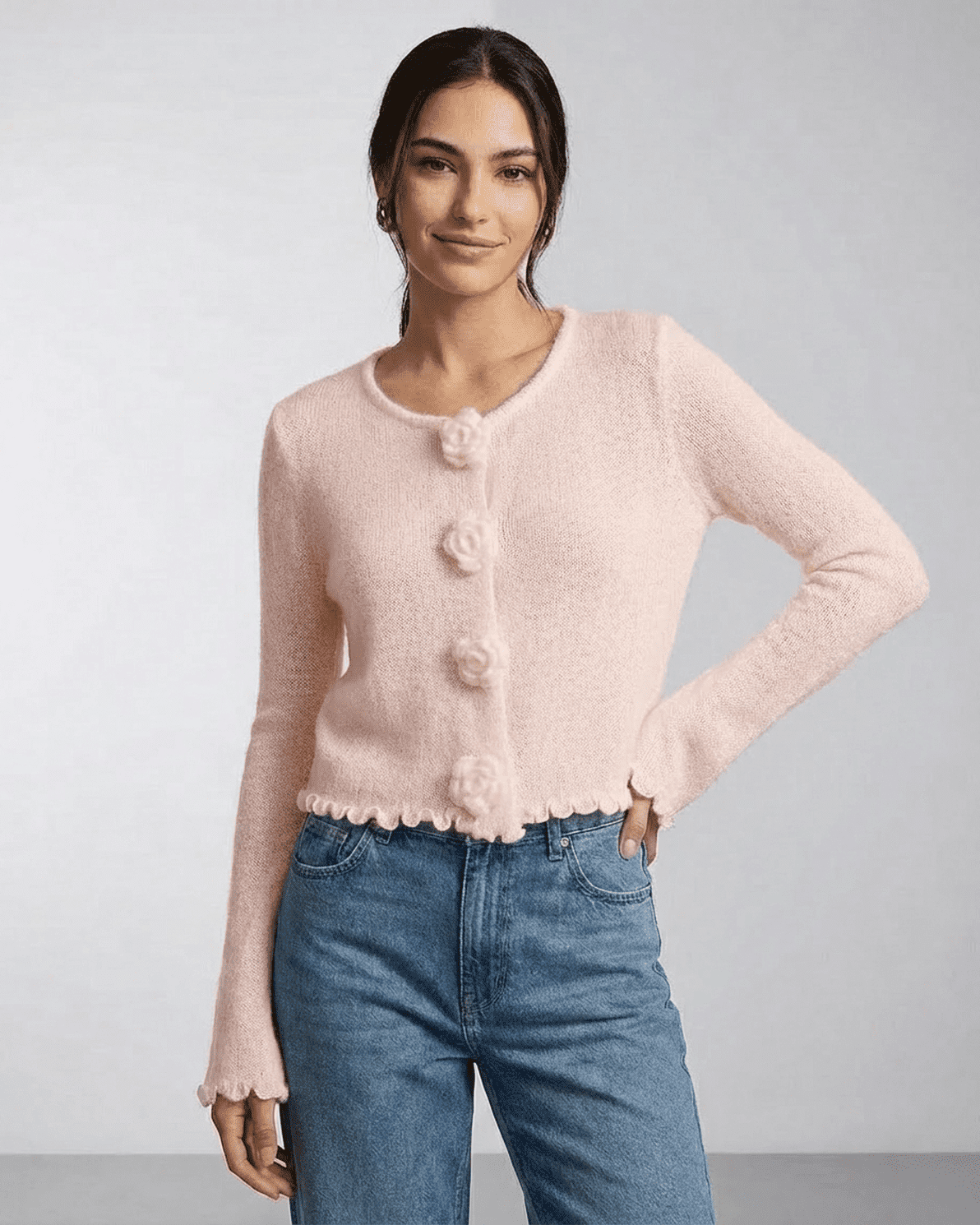 Blush Cardigan by Slimona featuring floral button details and soft knit texture, perfect for a feminine look.