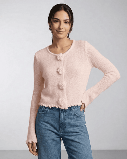 Blush Cardigan by Slimona featuring floral button details and soft knit texture, perfect for a feminine look.