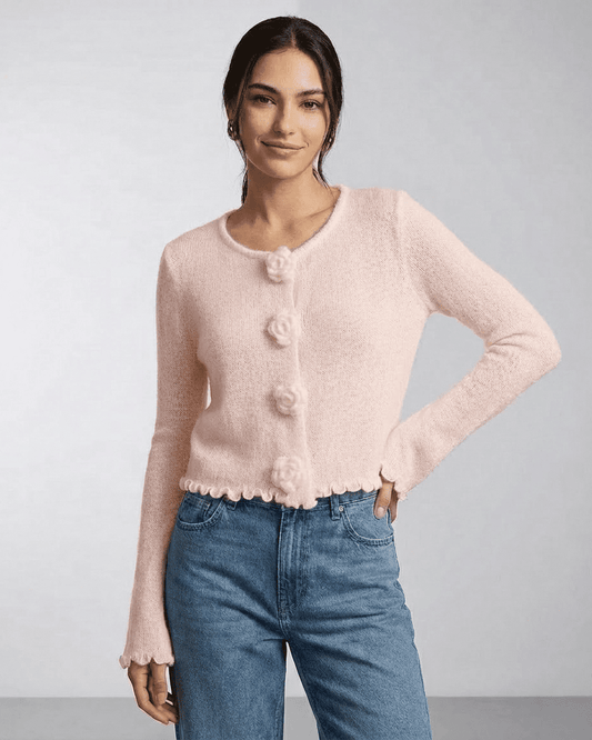 Blush Cardigan by Slimona featuring floral button details and soft knit texture, perfect for a feminine look.