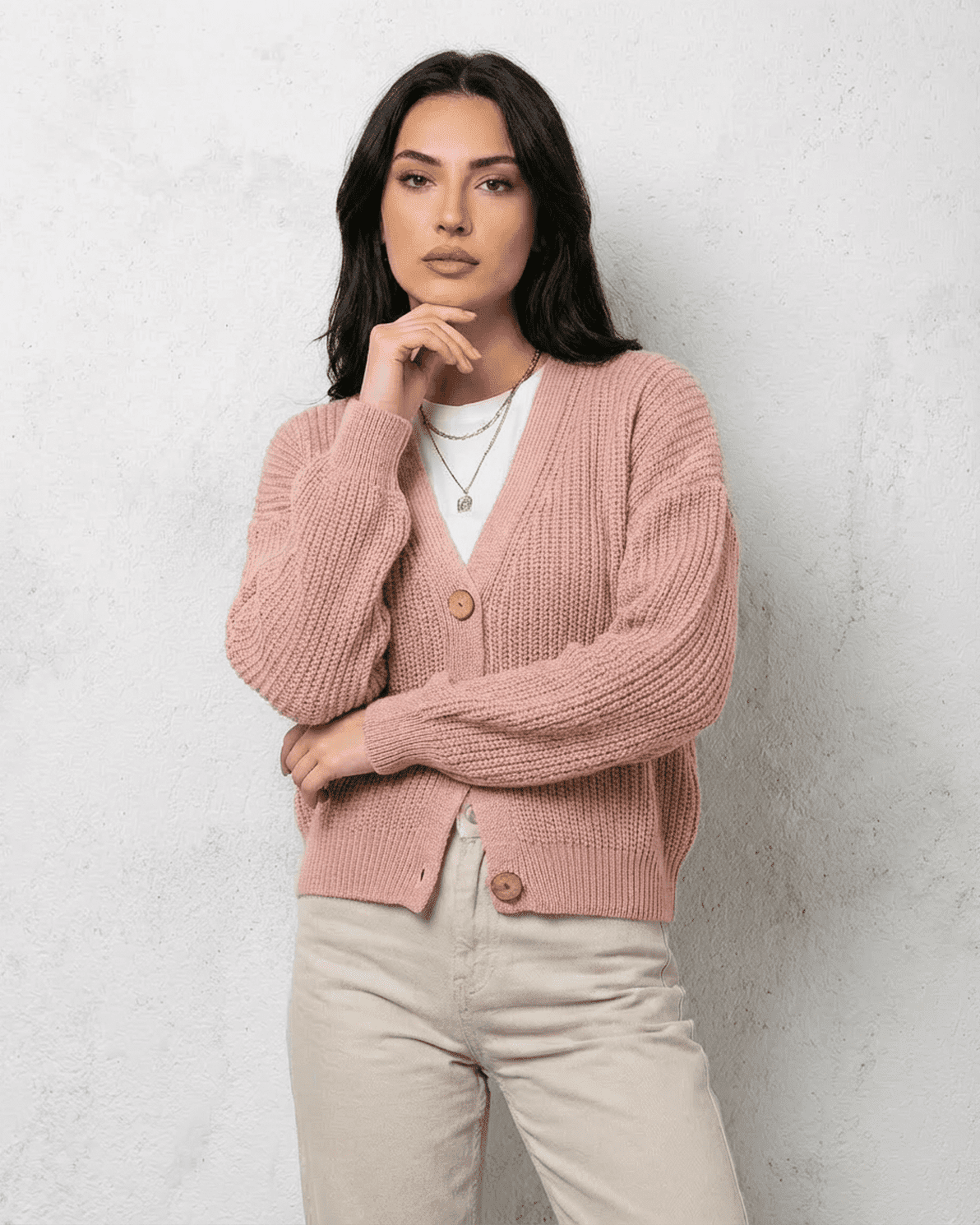 Blush Cardigan by Slimona – Soft pink knitwear with relaxed V-neck design and button detail.
