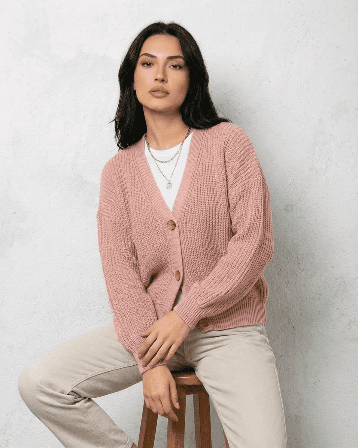 Blush Cardigan by Slimona, soft pink knitwear with relaxed V-neck design and buttons, perfect for layering.