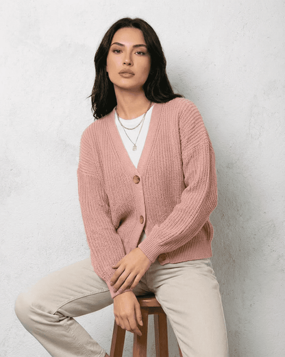 Blush Cardigan by Slimona, soft pink knitwear with relaxed V-neck design and buttons, perfect for layering.