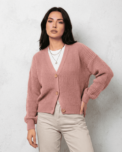 Blush Cardigan by Slimona in soft pink knitwear with relaxed V-neck design for a chic look