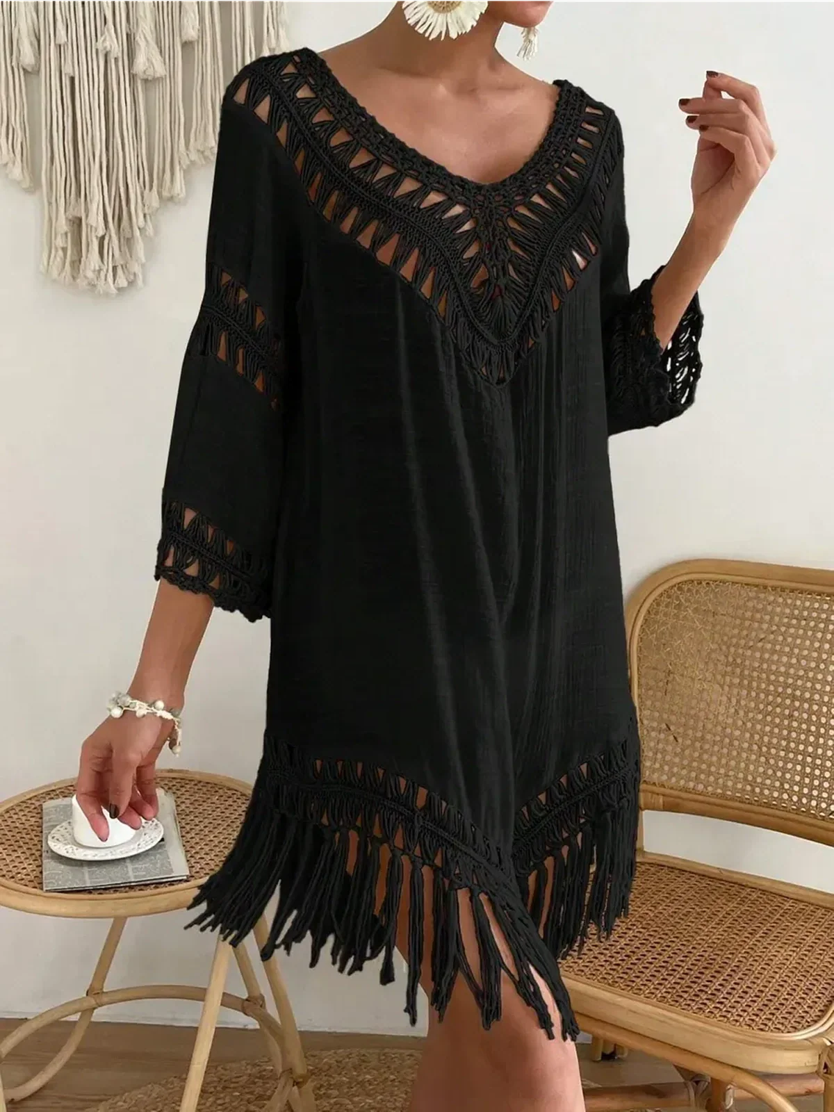 Boho Fringe black mini dress featuring intricate lace trim and fringe hem, perfect for summer vibes and casual outings.