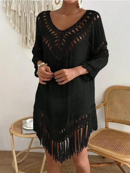 Stylish black Boho Fringe dress with openwork lace trim and fringe hem, perfect for summer and casual occasions.