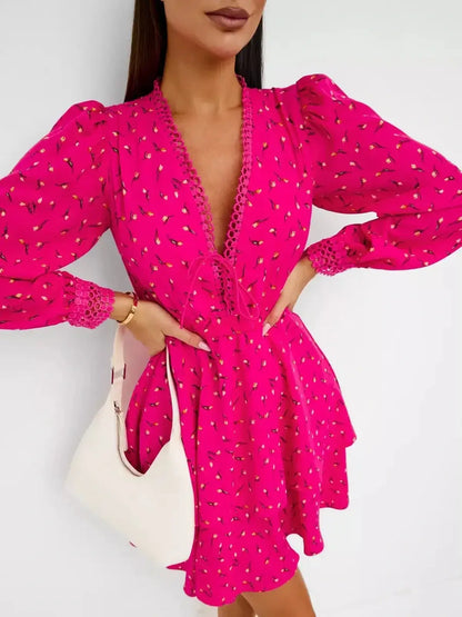 Vibrant pink mini dress with a deep V-neckline and puff sleeves, perfect for summer parties and wedding guests.