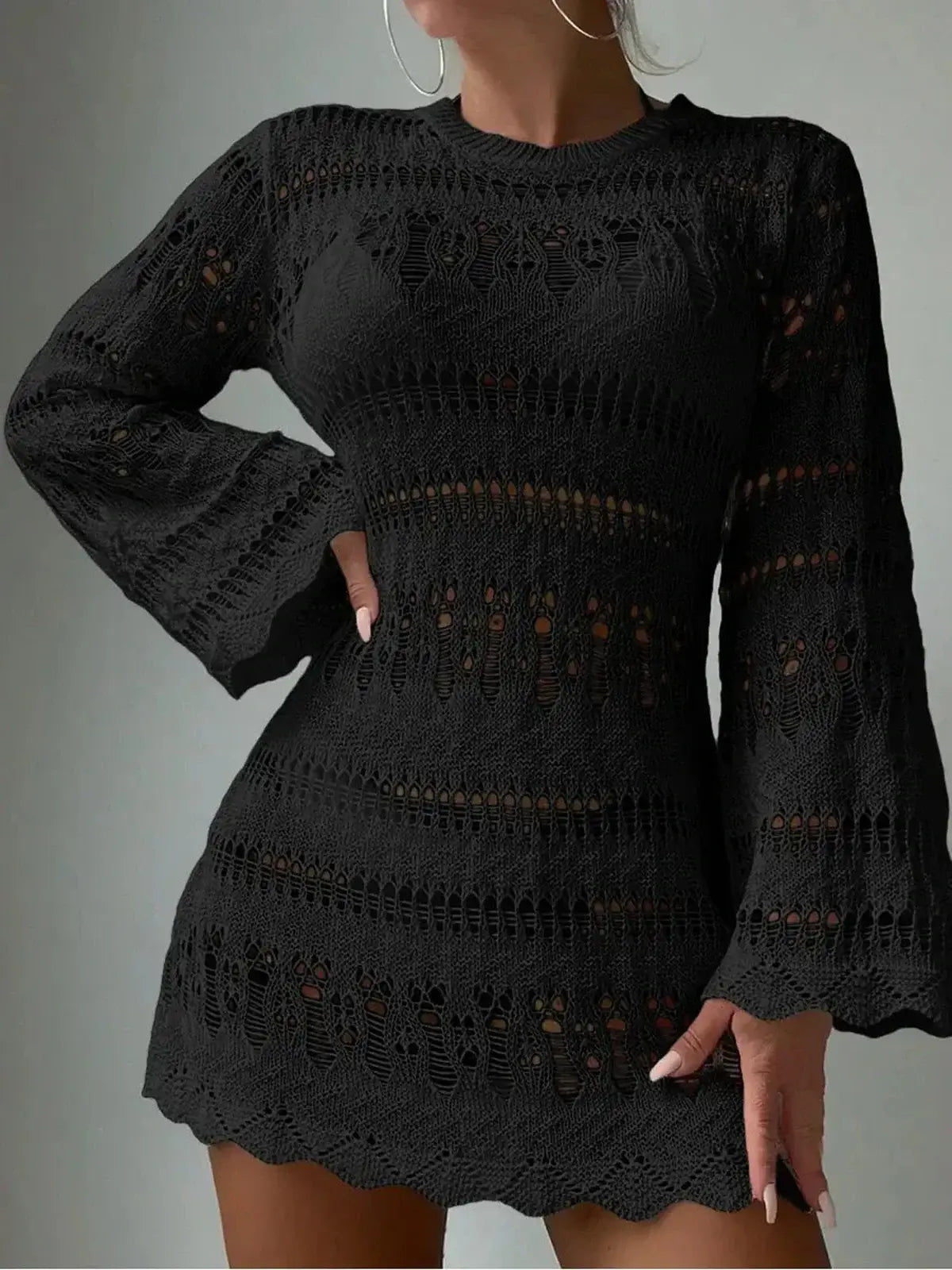 Breeze Knit black long sleeve dress with openwork patterns and scalloped hem, perfect for summer and formal occasions.