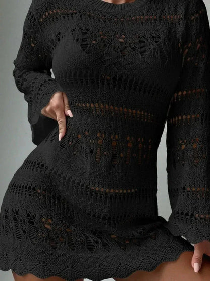Black long sleeve knit midi dress with openwork patterns, perfect for wedding guests or summer parties.
