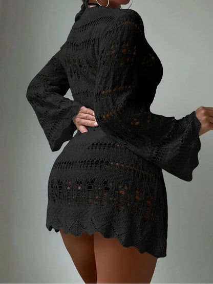 Black long sleeve knit dress featuring bell sleeves and scalloped hem, perfect for summer events and parties.