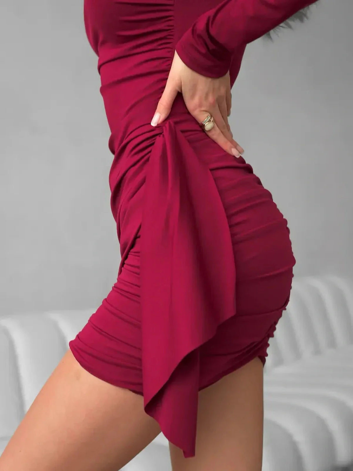 Burgundy Grace mini dress showcasing elegant ruching and draping, perfect for formal events and summer occasions.