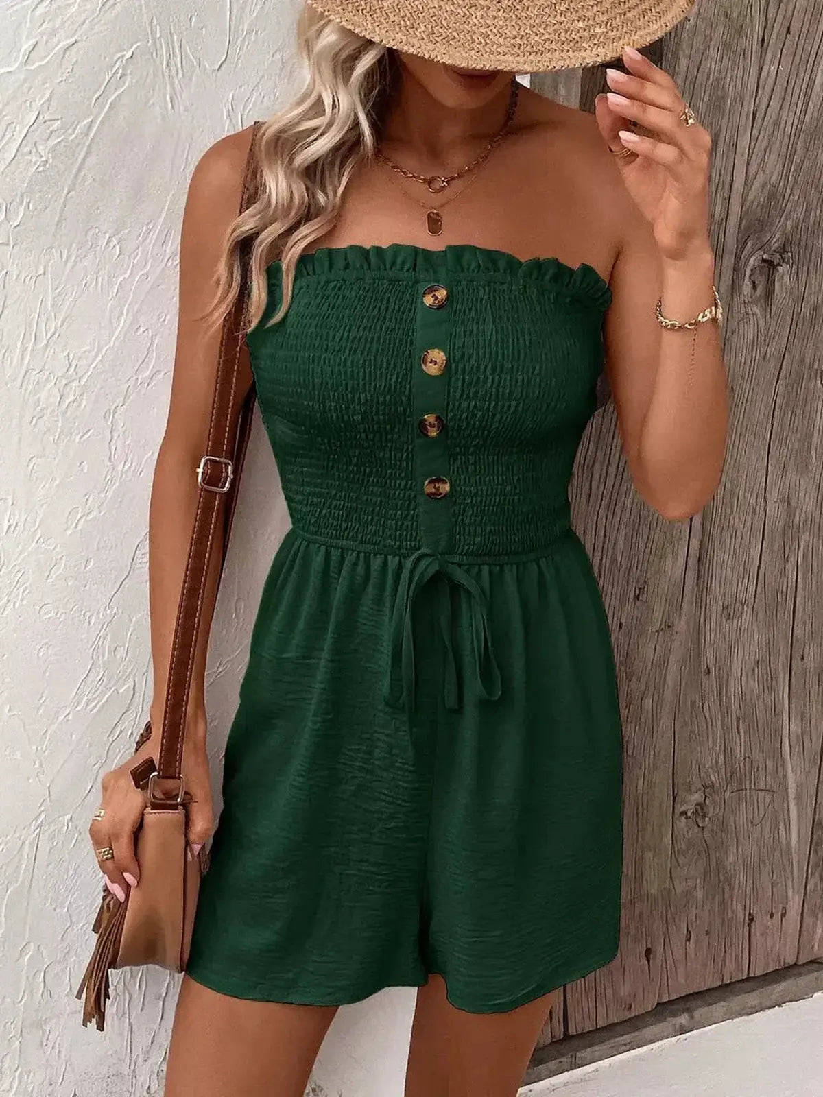 Stylish green Buttoned Breeze Mini Dress with smocked bodice and decorative buttons, perfect for summer outings.