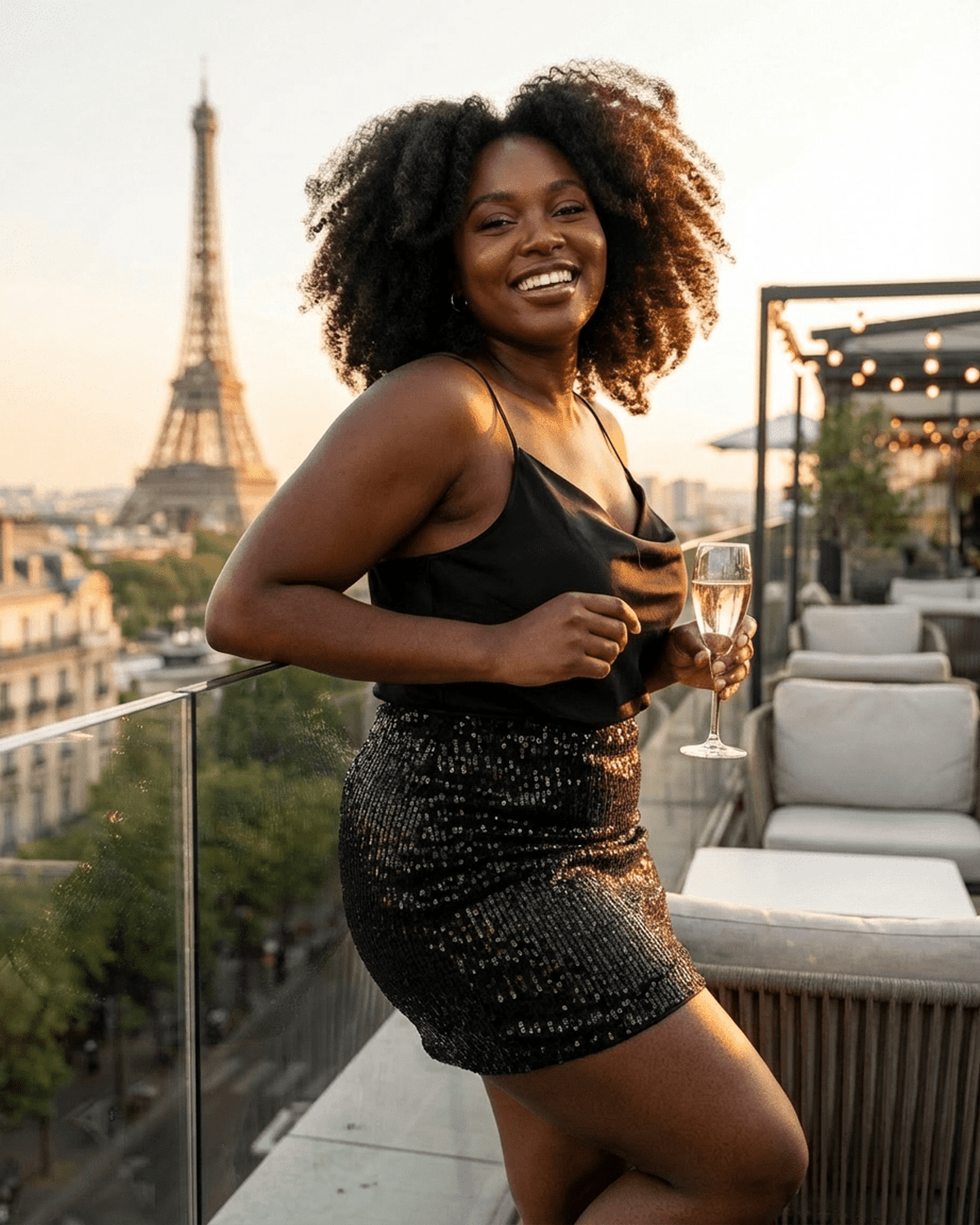 Woman enjoying a sunset in Paris wearing the Noiré Mini Skirt by Slimona with a glass of champagne.