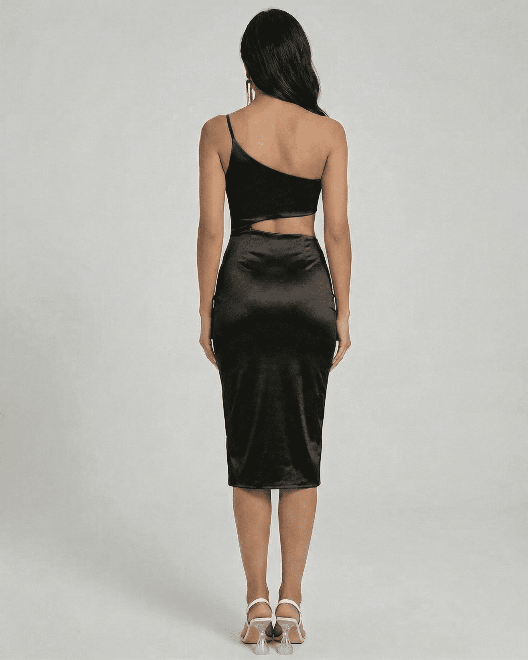 Back view of the Ravenna Midi Dress by Slimona, featuring a one-shoulder design and satin finish.