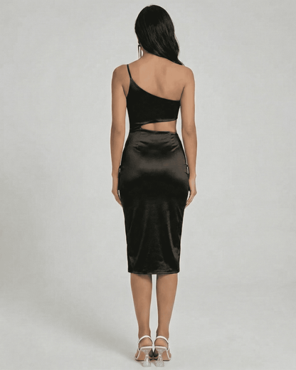Back view of the Ravenna Midi Dress by Slimona, featuring a one-shoulder design and satin finish.
