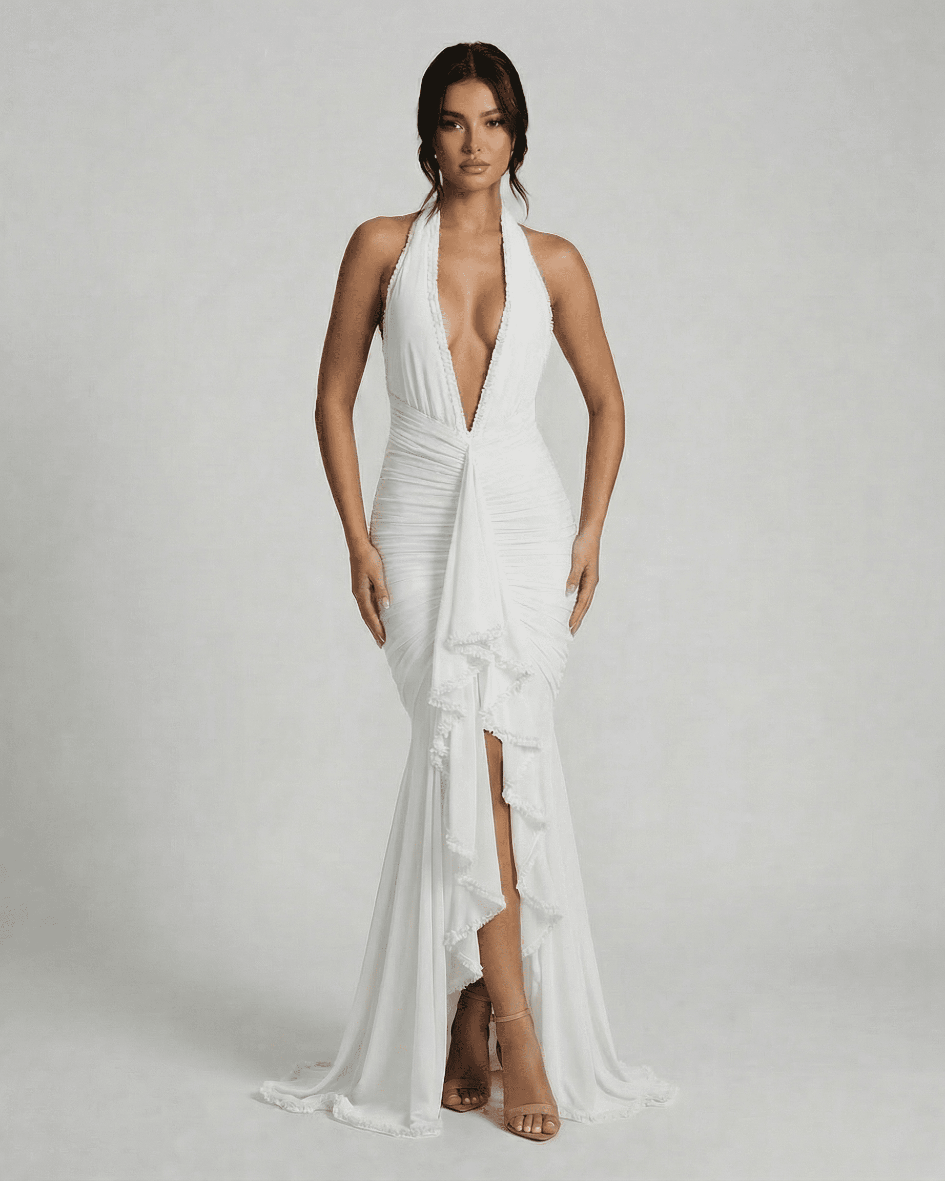 Ivory Maxi Dress by Slimona - Elegant white ruched slip dress with lace detail and plunging neckline.