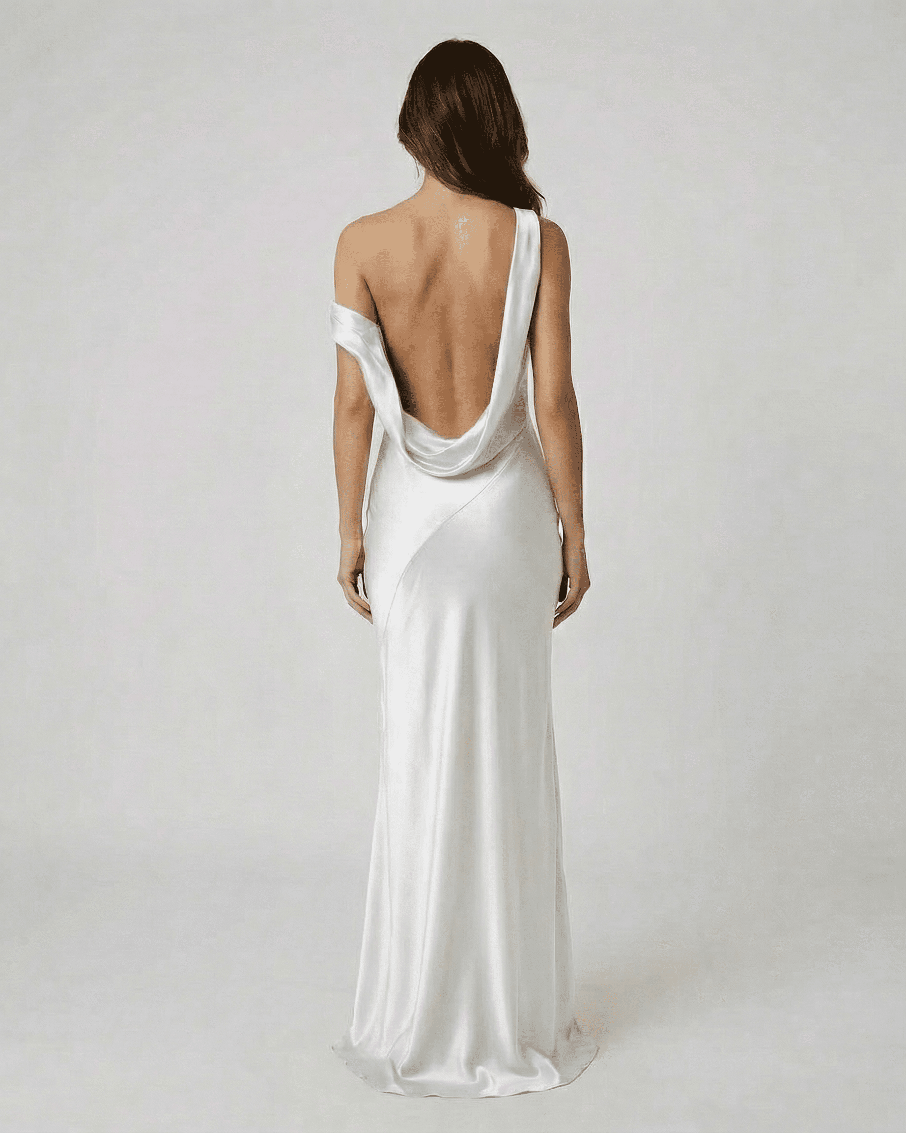 Elysia Maxi Dress by Slimona showcasing an elegant open back detail and sleek satin-effect design.