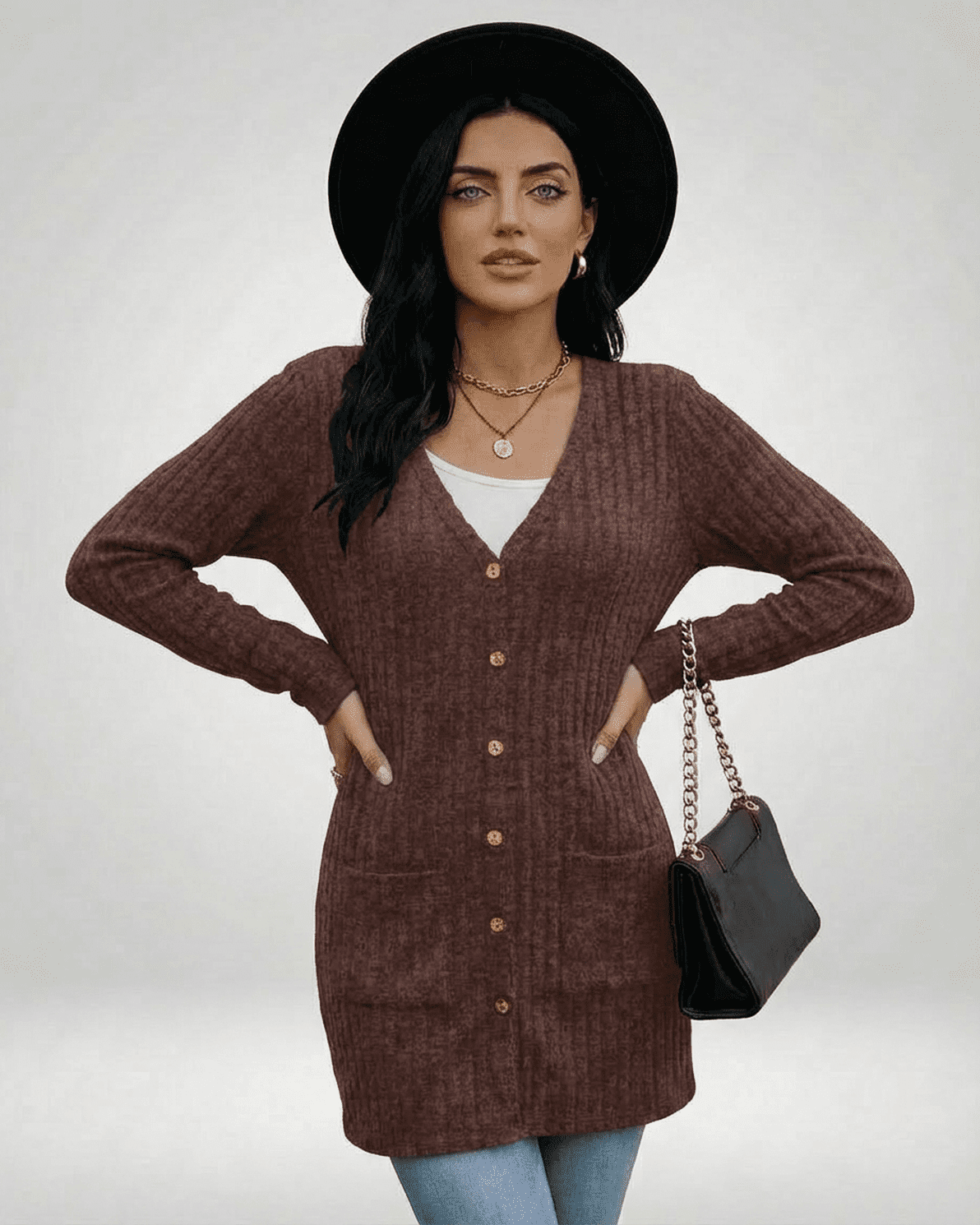 Cairo Cardigan by Slimona, a longline button-front knitwear with V-neckline and soft texture.