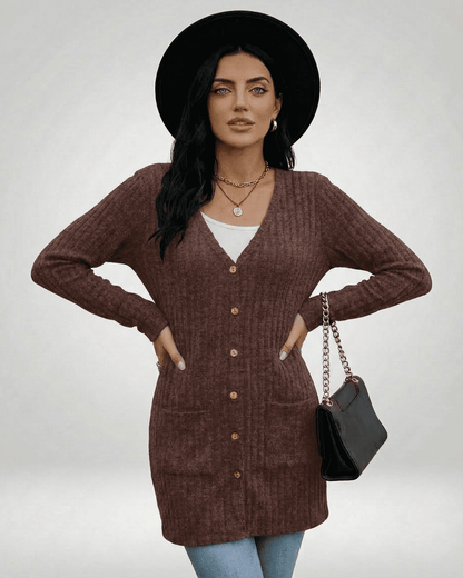 Cairo Cardigan by Slimona, a longline button-front knitwear with V-neckline and soft texture.