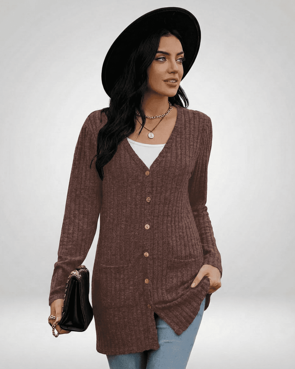 Cairo Cardigan by Slimona - Longline button-front knitwear with a classic V-neck, ideal for stylish everyday wear.