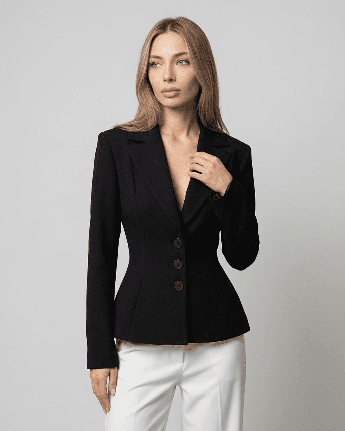 Celeste Blazer by Slimona, fitted waist V-neck tailored silhouette in black, showcasing a structured look.