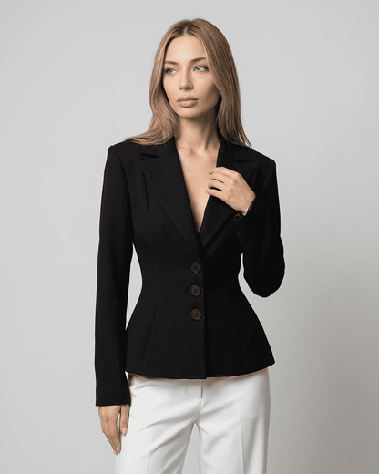 Celeste Blazer by Slimona, fitted waist V-neck tailored silhouette in black, showcasing a structured look.