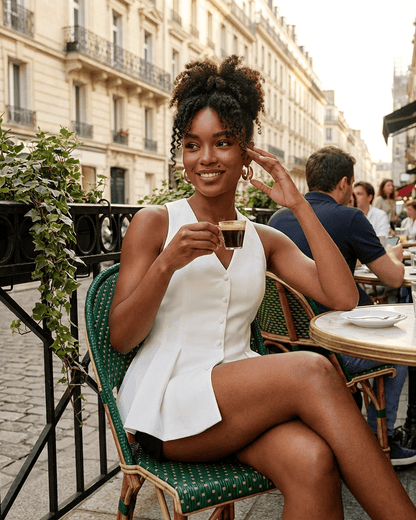 Model wearing Celeste Blouse by Slimona, enjoying coffee at a Parisian café.