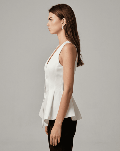 Celeste Blouse by Slimona, a stylish satin tailored sleeveless v-neck blouse showcasing a refined silhouette.