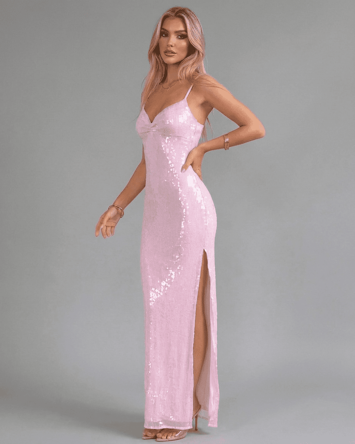 Celeste Maxi Dress by Slimona, pink sequin dress with V-neck and slit for a glamorous evening look.