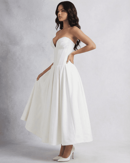 Celeste Midi Dress by Slimona, elegant strapless corset A-line design for special occasions.